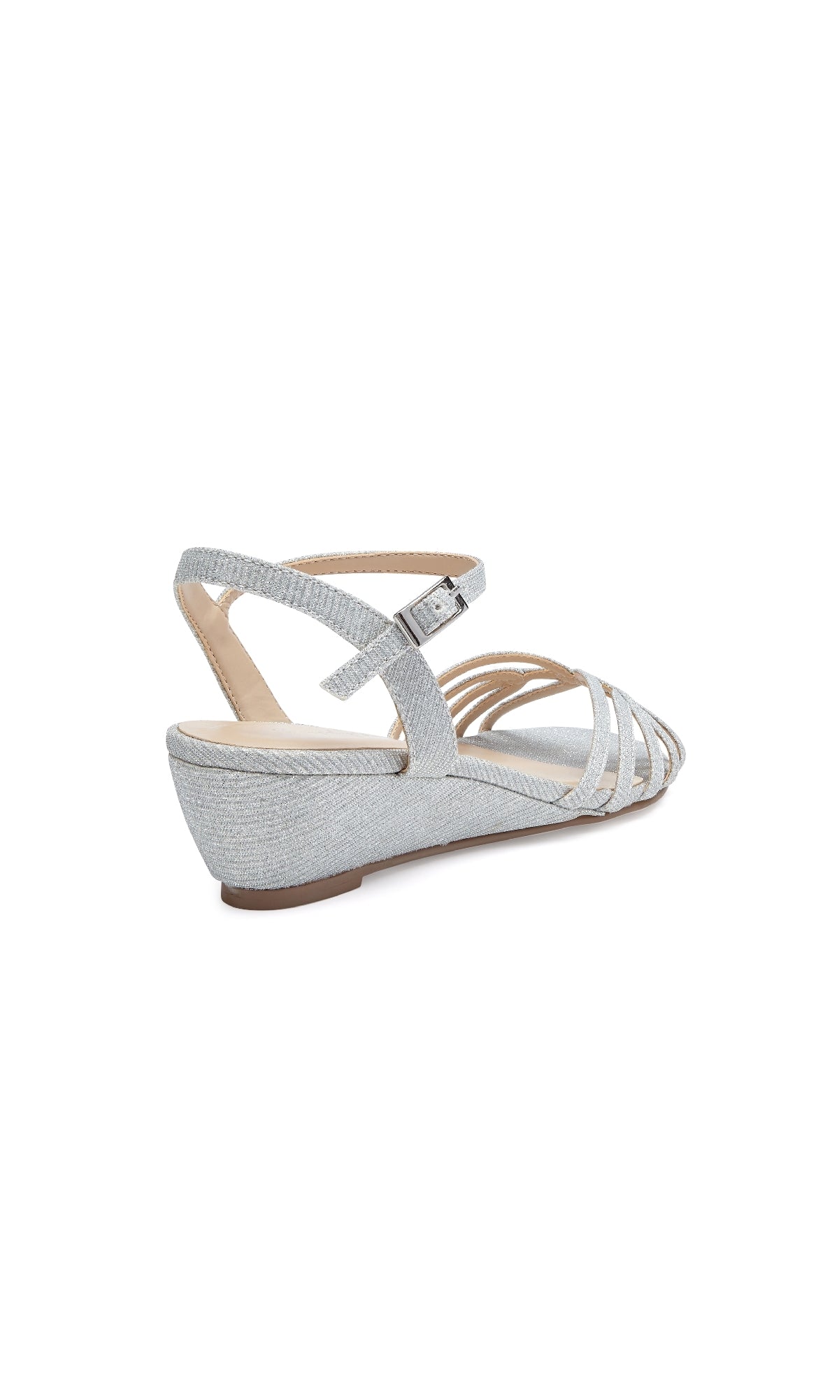 Winslow Silver Prom Shoes: Paradox London P1841—low-heel wedge sandals with a buckle ankle strap and multiple thin silver straps, offering sparkle and comfort for prom.